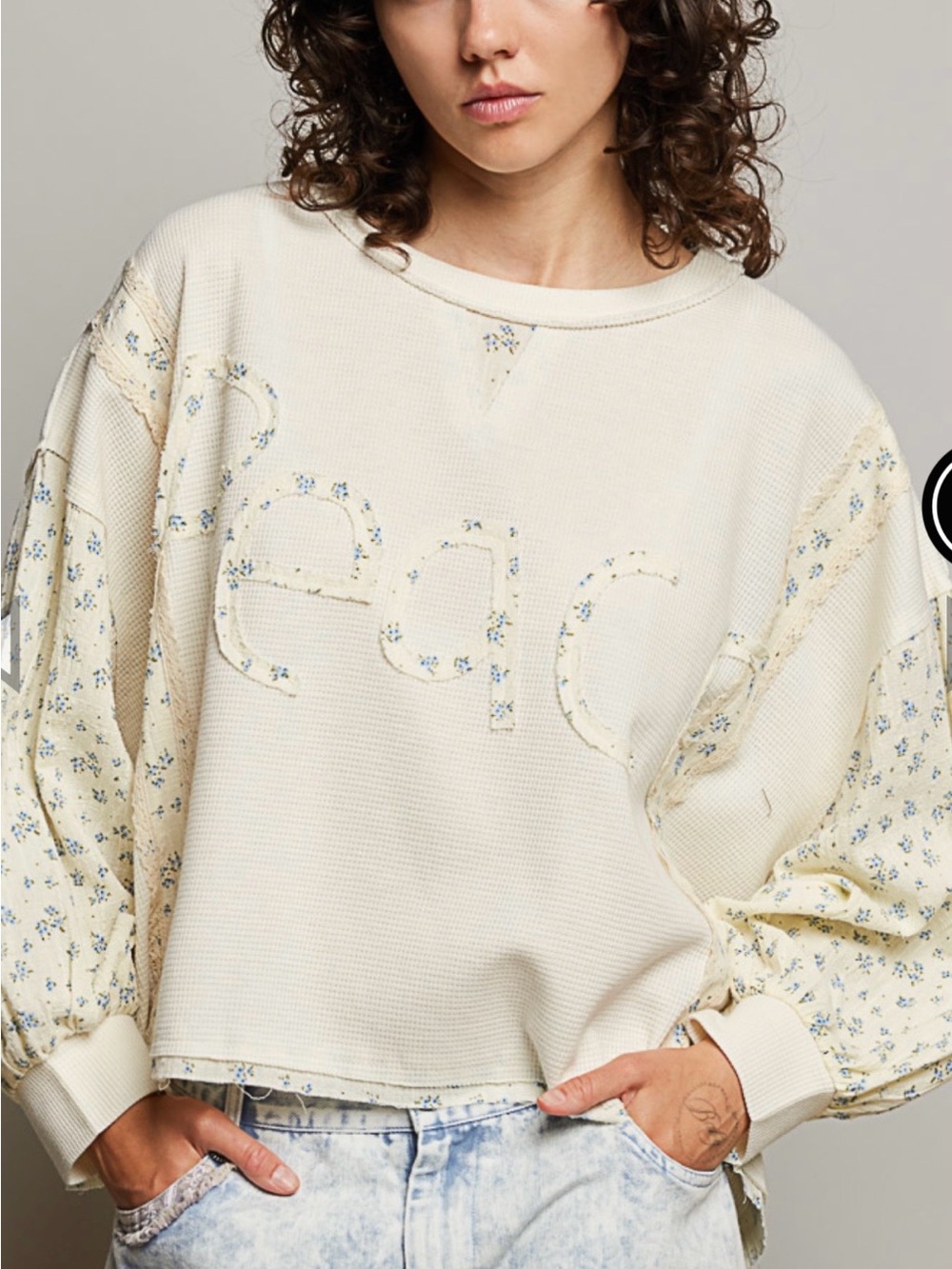 POL Cream Waffle-Knit Pullover with Blue Floral Appliqué